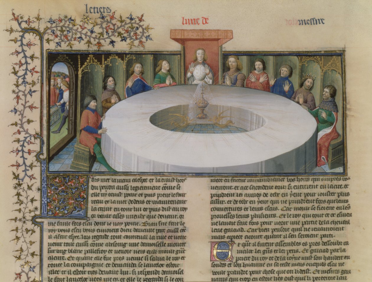 Fr.120 f.524v Os Cavaleiros da Távola Redonda da História de Lancelot, de La Quite de Saint Graal de French School
