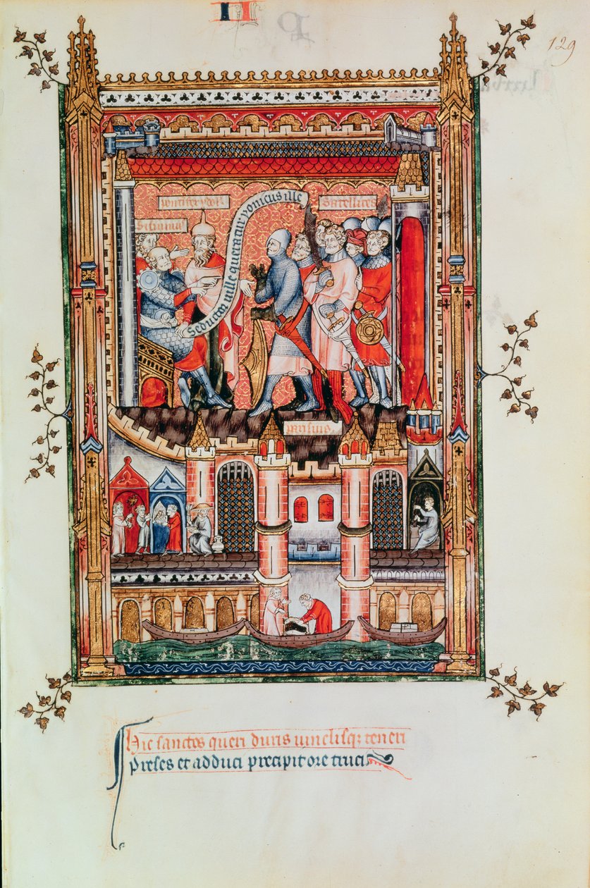 Fr 2091 fol.129 Sisinnius dando ordens a St. Denis e seus companheiros trazidos diante dele, de Vie de St. Denis, 1317 de French School