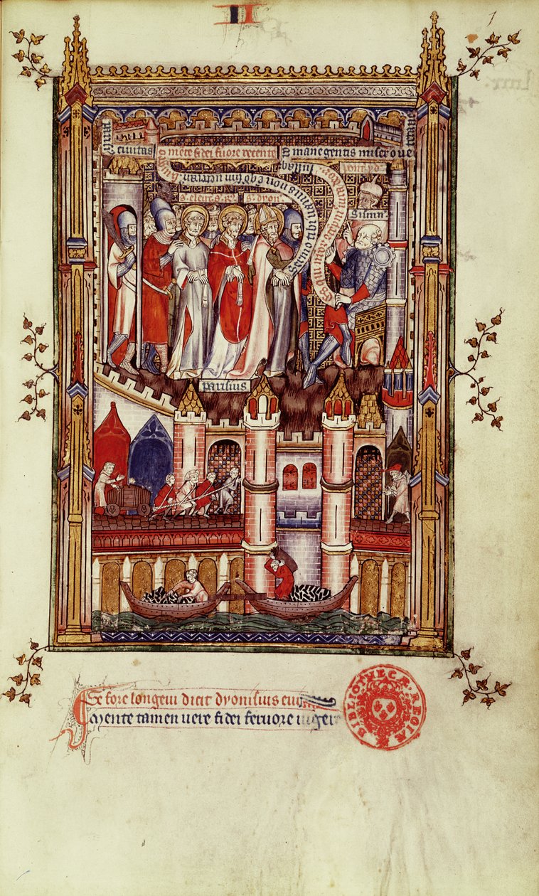Fr 2092 f.1 O primeiro interrogatório de St. Denis e seus companheiros por Sisinnius, de Vie de St. Denis, 1317 de French School