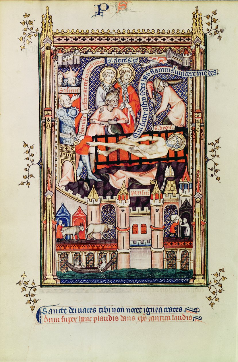Fr 2092 f.22v St. Denis sendo torturado na prateleira, de Vie de St. Denis, 1317 de French School