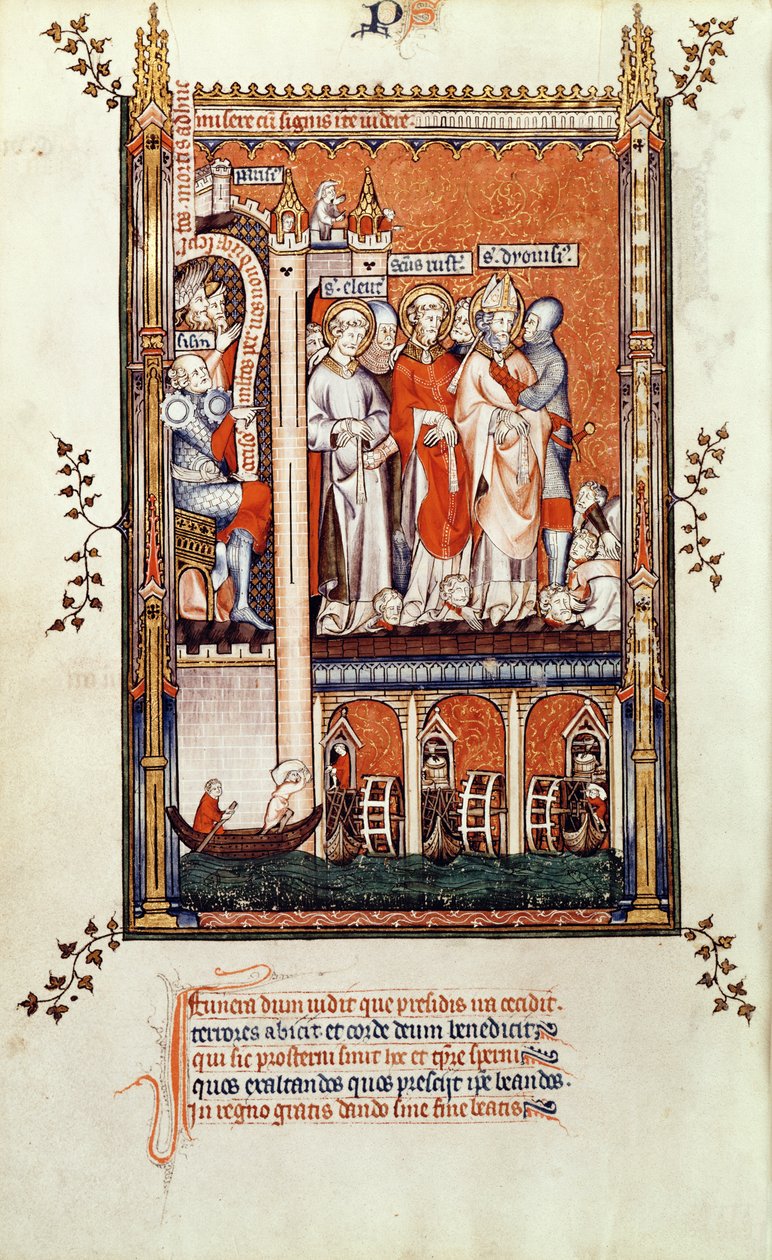 Fr 2092 f.37v Sisinnius mostrando os corpos de outros mártires para St. Denis e seus companheiros, de Vie de St. Denis, 1317 de French School