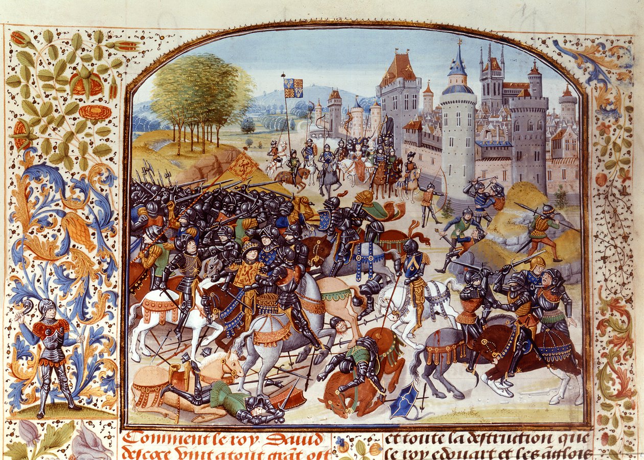 Fr 2643 f.97v Batalha de Nevilles Cruz da Guerra dos Cem Anos em 1346, de Froissarts Chronicle de French School