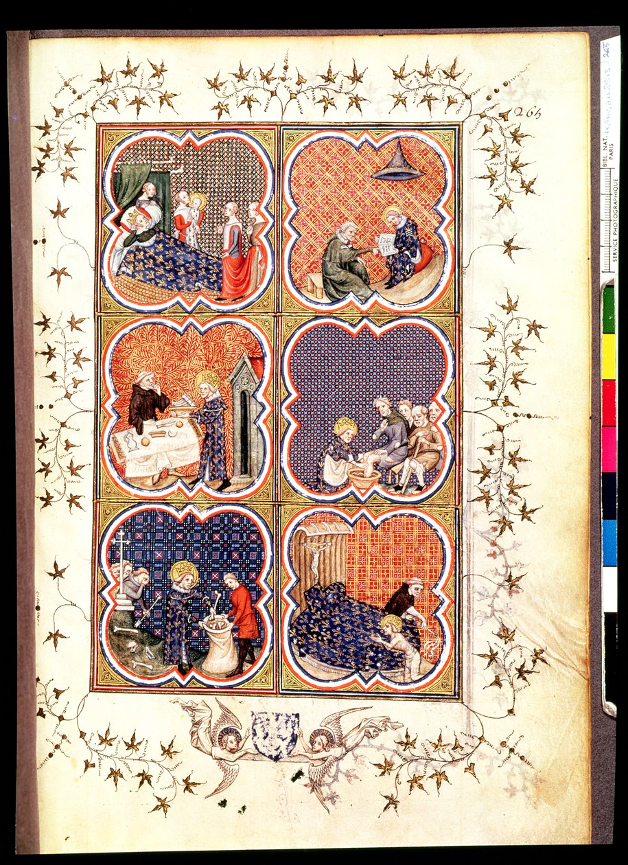 Fr 2813 f.265 Seis Cenas da Vida de São Luís (1215-70), das Grandes Chroniques de France, 1375-79 de French School