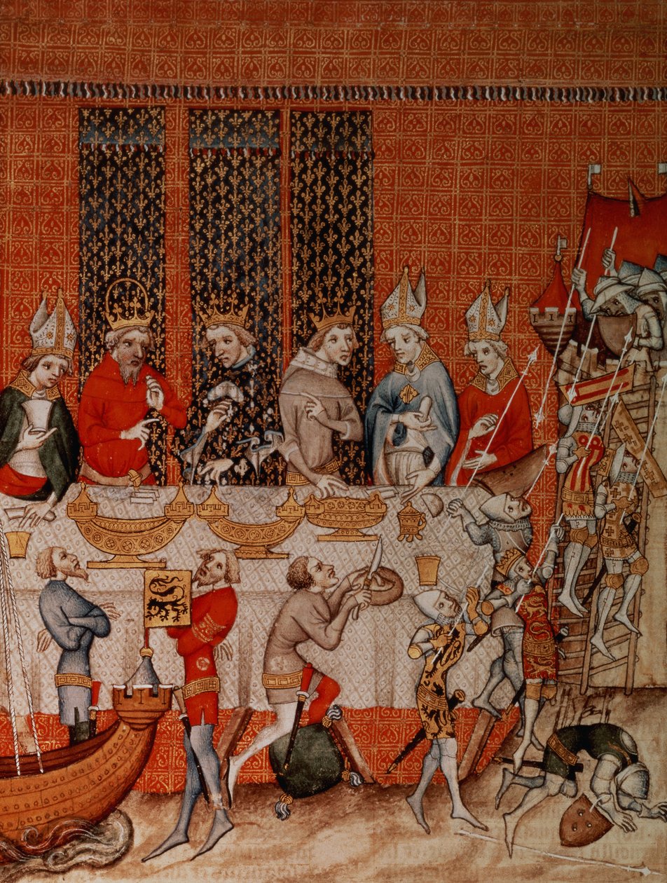 Fr 2813 f.473 Cena de banquete, das Grandes Crônicas da França, 1375-79 de French School