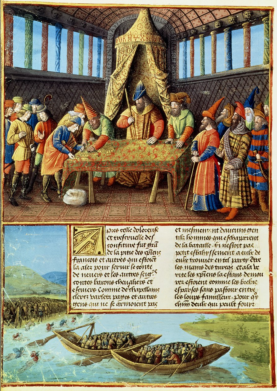 Fr. 5594 f.267v Bayezid I recebendo o resgate, de Passages faits Outremer escrito por Sebastien Mamerot, c.1490 de French School