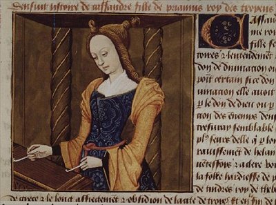 Fr 599 f.29 Cassandra tocando uma cítara, de `Des Cleres et Nobles Femmes de French School