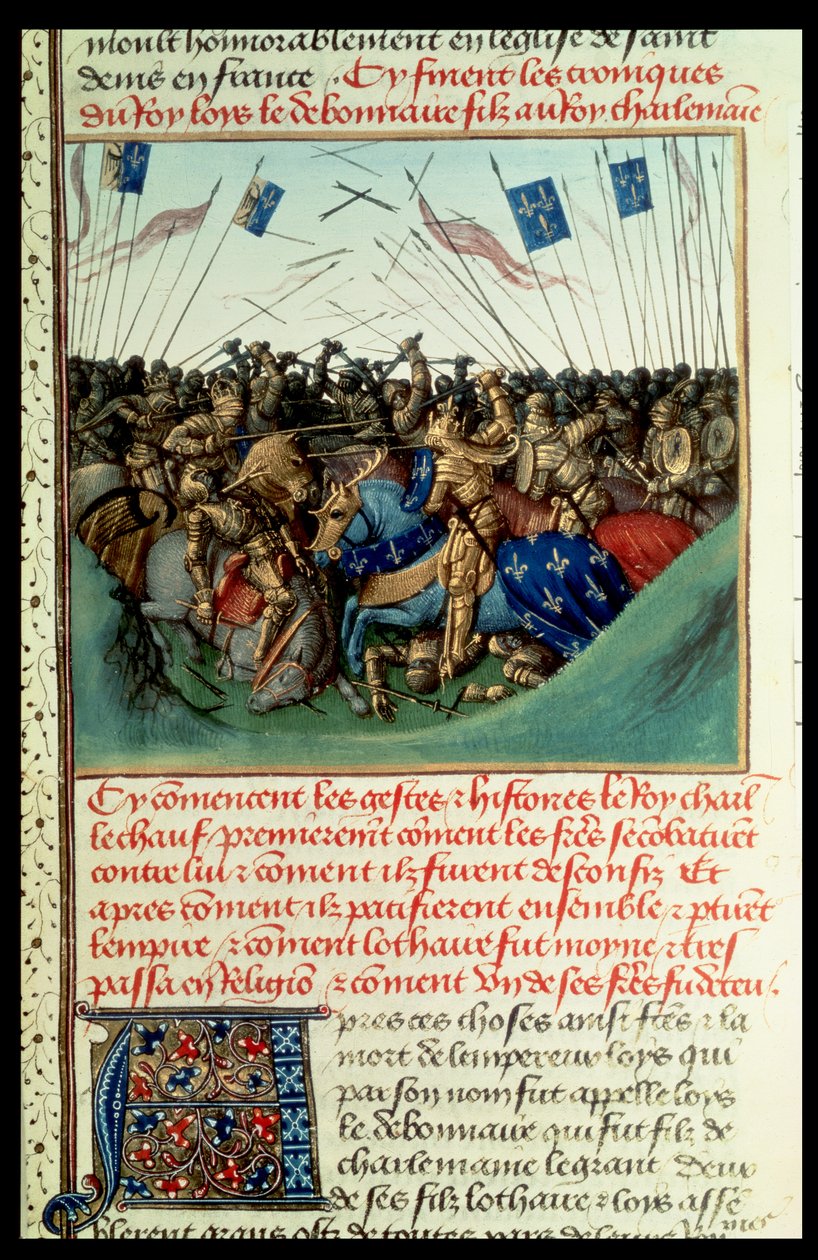 Fr. 6465 f.140 Lothair I (795-855) Imperador do Ocidente em combate com seus irmãos Luís, o Alemão (c.804-76) e Carlos, o Calvo (823-77), em Fontenoy en Puisaye, em 841 de French School