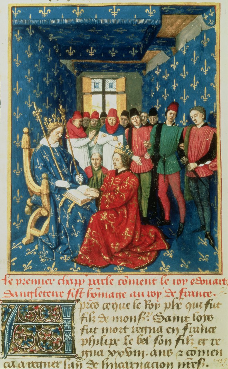 Padre 6465 fol.301v Edward I (1239-1307) presta homenagem ao rei da França, Philippe IV le Bel (1268-1314), pelo Ducado de Aquitânia de French School