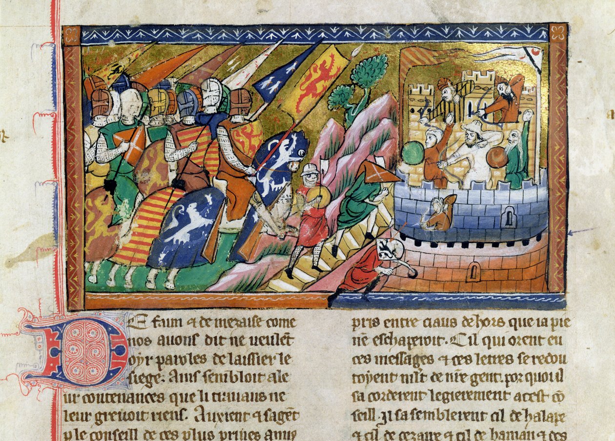 Fr 9084 f.53 Um exército inglês a atacar um castelo, da "Chronique de Guillaume de Tyr" (velino) de French School