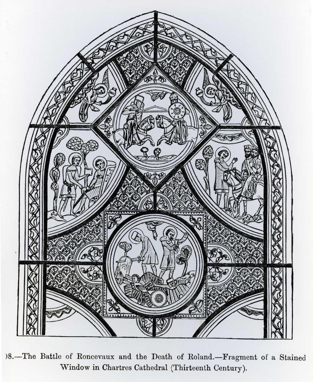 Fragmento de um vitral na Catedral de Chartres, representando a batalha de Ronceveaux e a morte de Roland, ilustração da ciência e literatura na idade média e Renascença, writt de French School