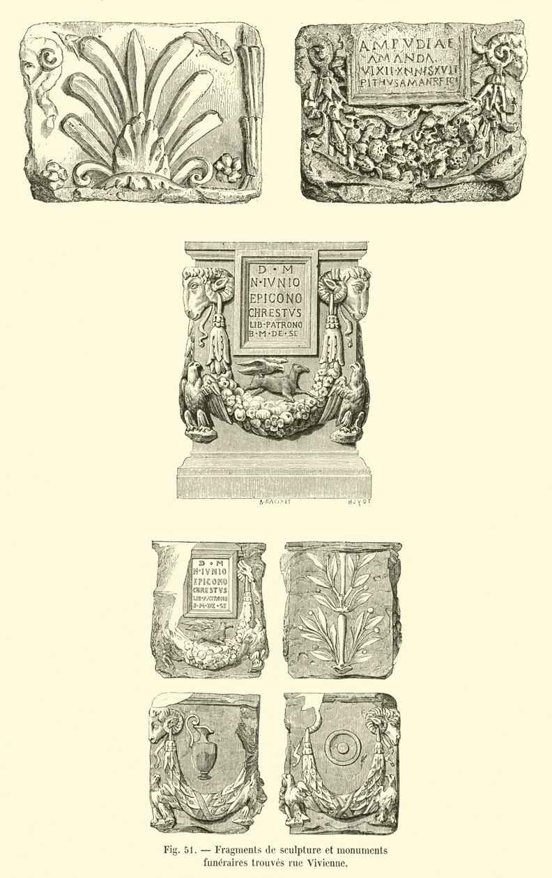 Fragmentos de esculturas e monumentos funerários encontrados na rue Vivienne (gravura) de French School