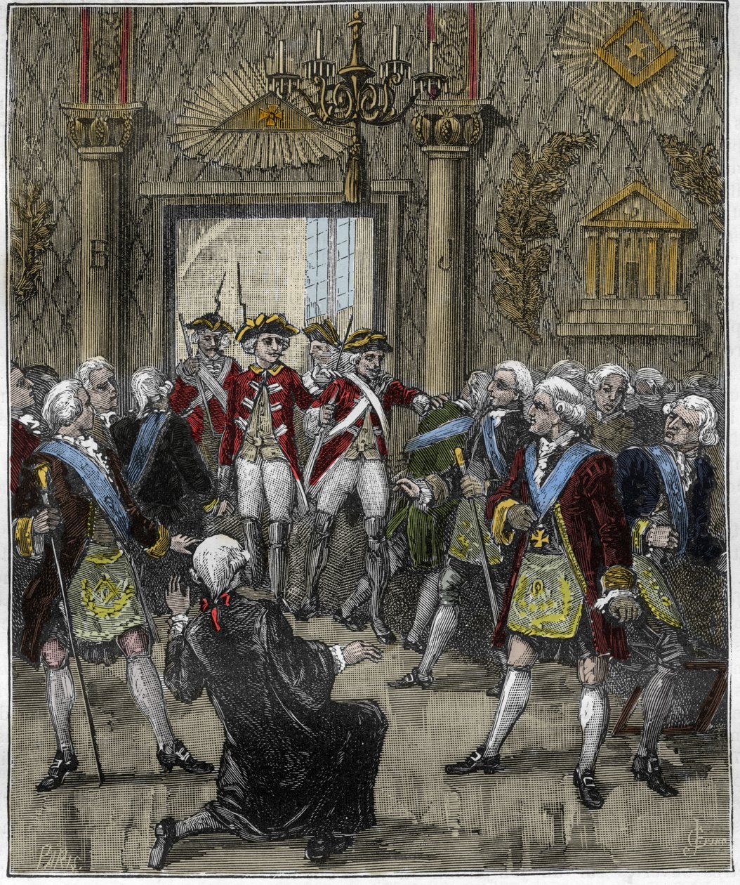 Franc-Maconnerie (Franc Maconnerie) no Hotel de Soisson, em Paris, em junho de 1745: cerimônia franco-macon, interrompida pela chegada de um comissário de polícia. Gravação em "Paris a travers les siecles", Gourdon de Kenouillac 1880. . de French School
