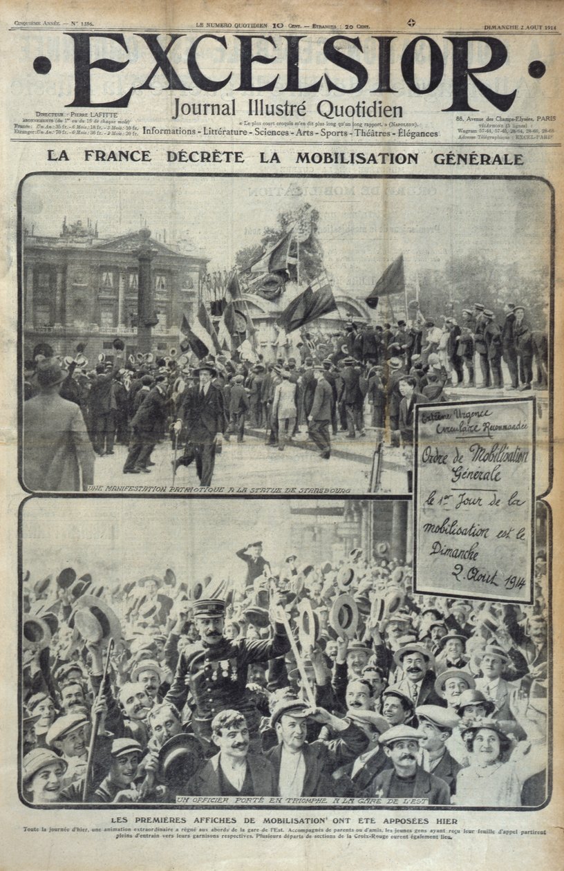 França declara mobilização geral em 2 de agosto de 1914, ilustração da capa de Excelsior no domingo, 2 de agosto de 1914 de French School