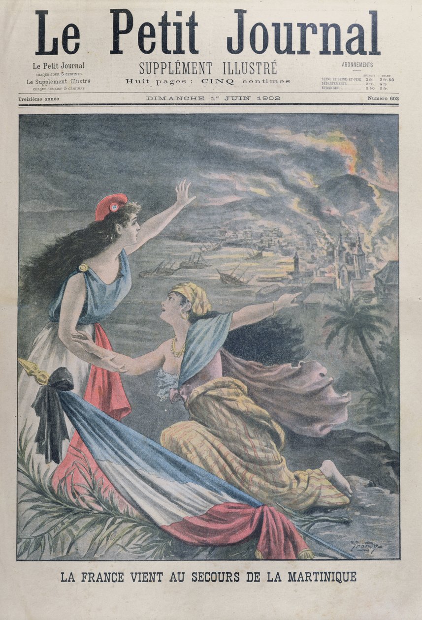 A França ajuda a Martinica após a erupção de um vulcão, Montagne Pelee, na Martinica, a partir do Le Petit Journal, em 1º de junho de 1902 de French School