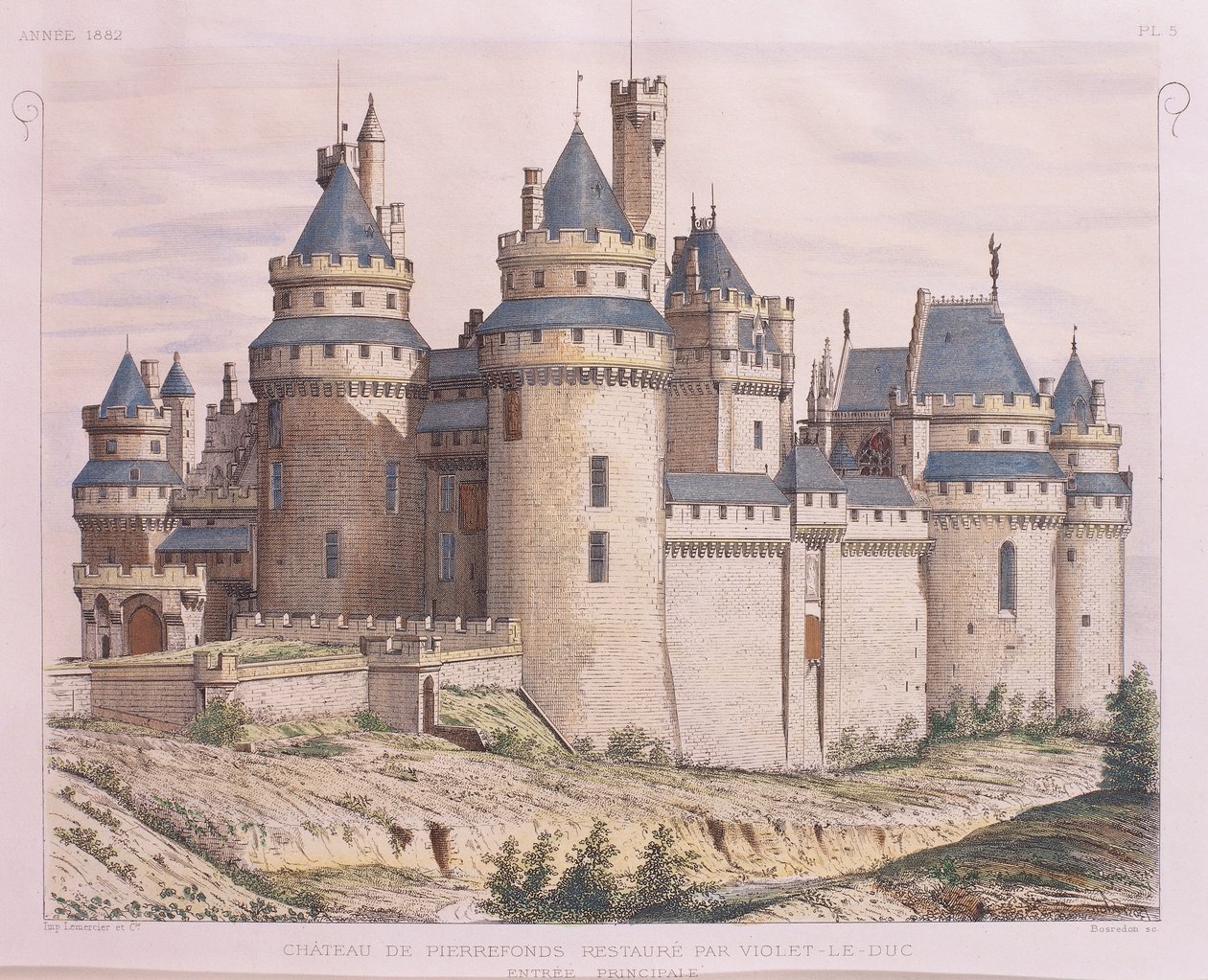 França, Castelo Medieval Pierrefonds, restaurado por Violet le Duc de Moniteur des Architectes, gravura de French School
