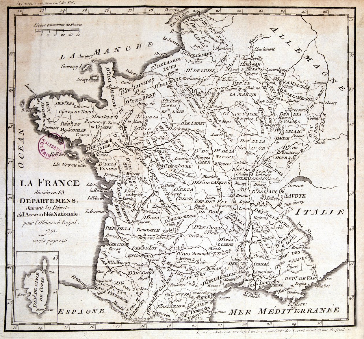 A França dividida em 83 departamentos, na sequência dos decretos da Assembleia Nacional de 1791 de French School