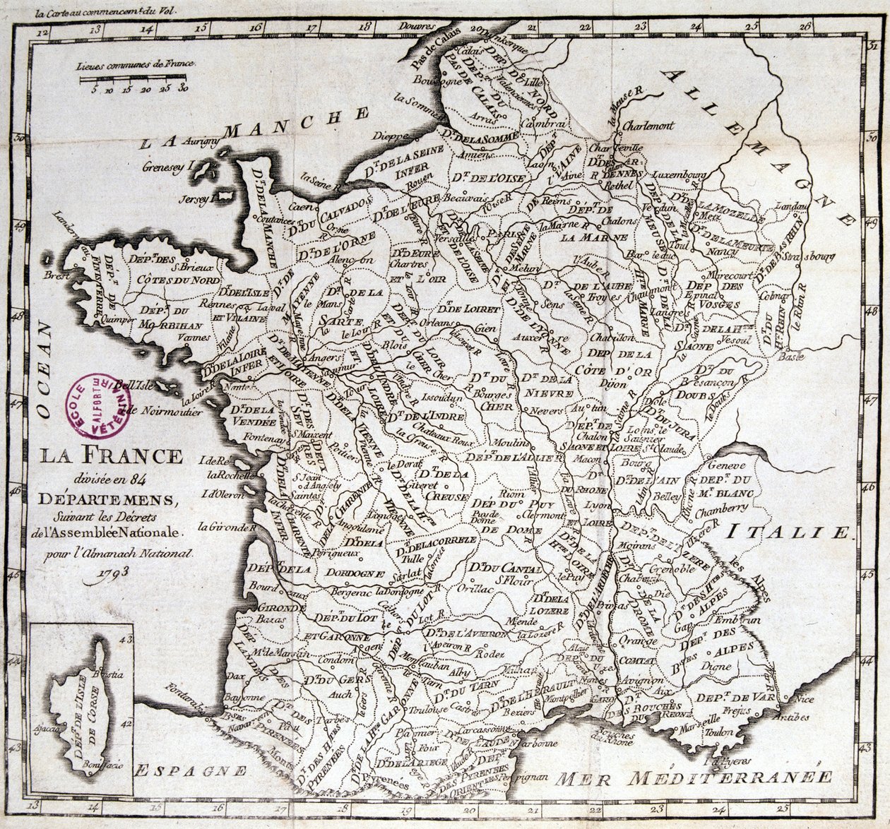 A França dividida em 84 departamentos, na sequência dos decretos da Assembleia Nacional de 1793 de French School