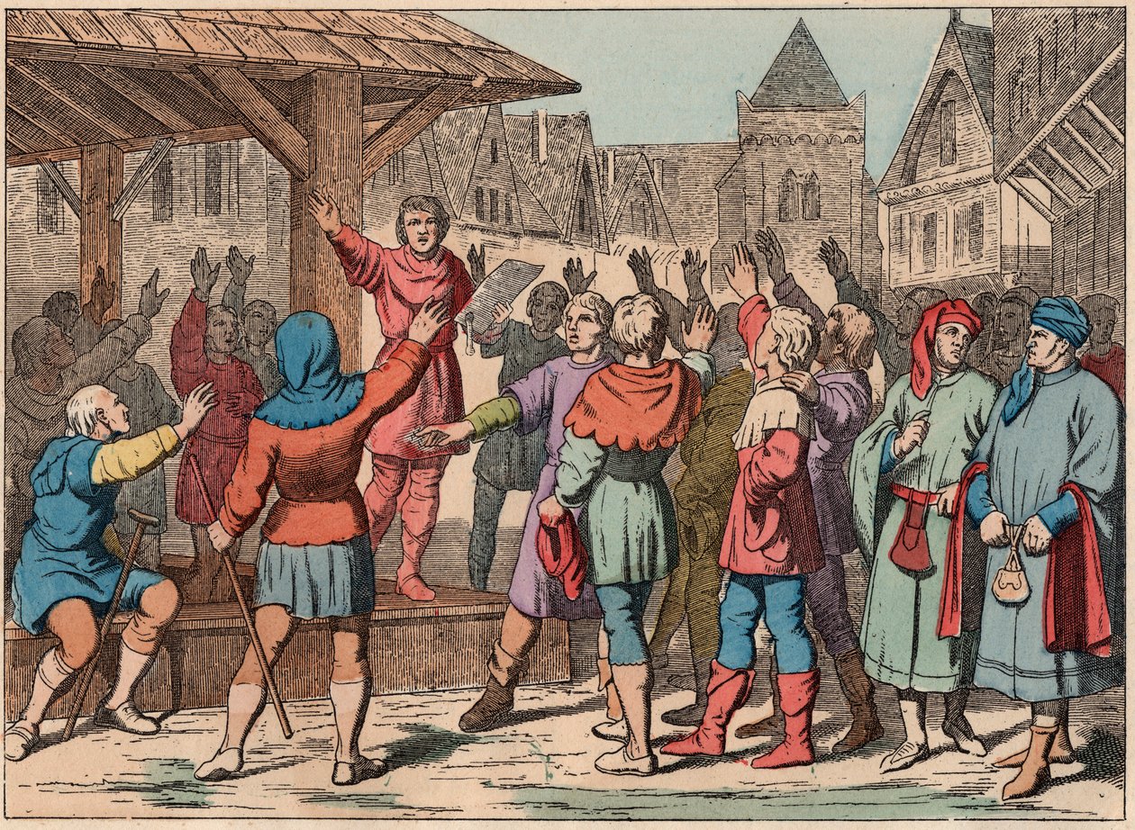 França na Idade Média: as comunas - Carta Comunal - Juramento - Gravura do fim do século XIX em "Nos Gires Nationales - Images et recits" de French School
