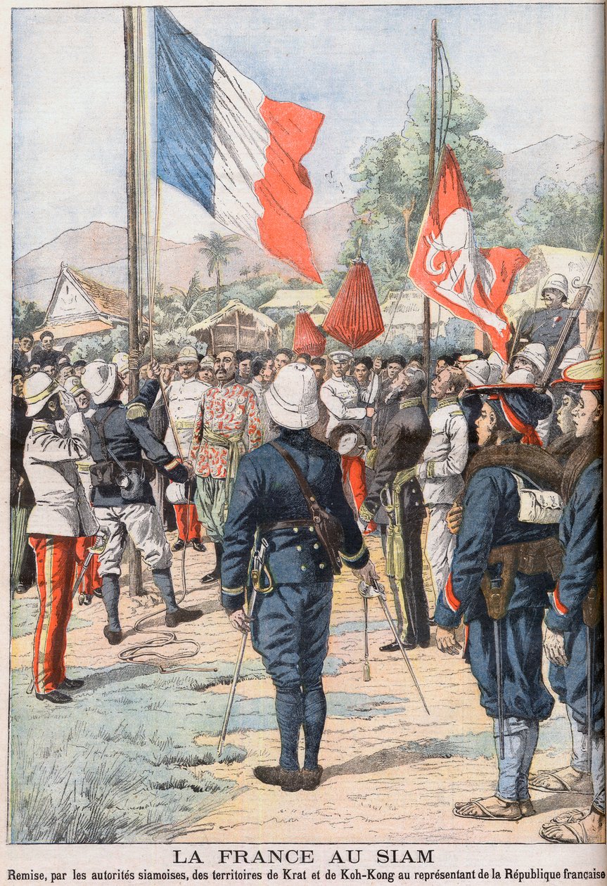A França assumindo os territórios de Krat e Koh-Kong, Sião após o Tratado de 1904 acordado entre os siamenses e os franceses, ilustração do "Le Petit Journal" de Fevereiro de 1905 (gravura) de French School
