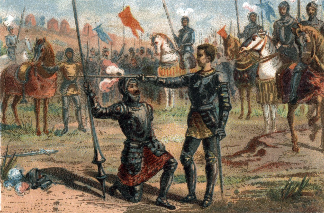 Francisco I da França pede para ser cavaleiro do Cavaleiro Bayard após vitória na Batalha de Marignano, Itália de French School