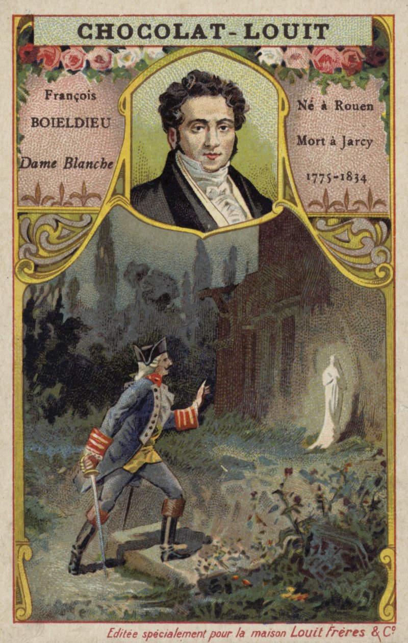 François-Adrien Boieldieu, compositor francês, e uma cena da sua ópera La Dame Blanche (cromolitografia) de French School