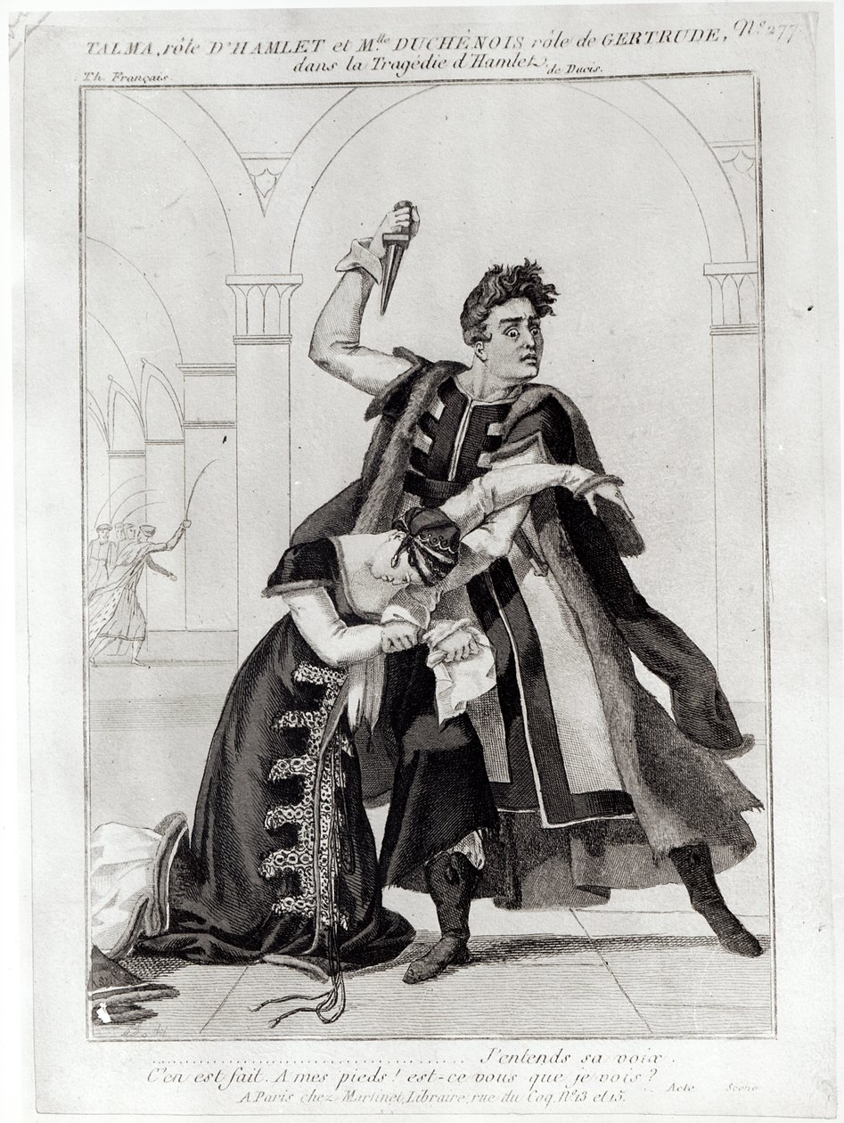 Francois-Joseph Talma (1763-1826) como Hamlet e Mademoiselle Duchenois como Gertrude, no "Hamlet" de Shakespeare adaptado por Jean-François Ducis, depois de 1769 de French School