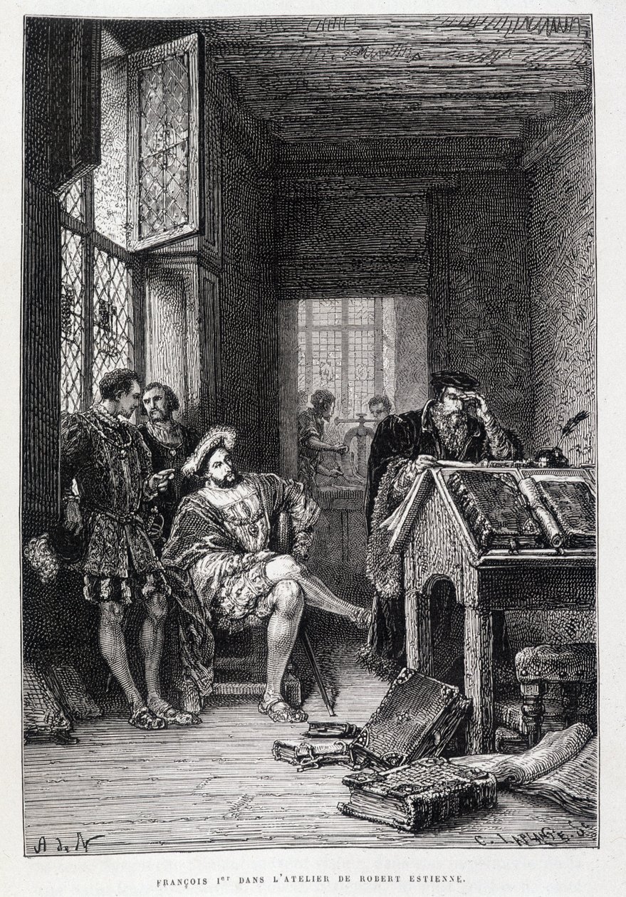 François 1st no estúdio de Robert Estienne - gravura de French School