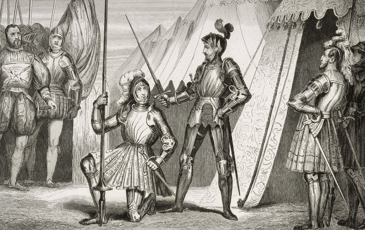 François I (1494-1547), cavaleiro do capitão Bayard após a batalha de Marignano, da "Histoire de France" de Colart, publicado em 1840 de French School