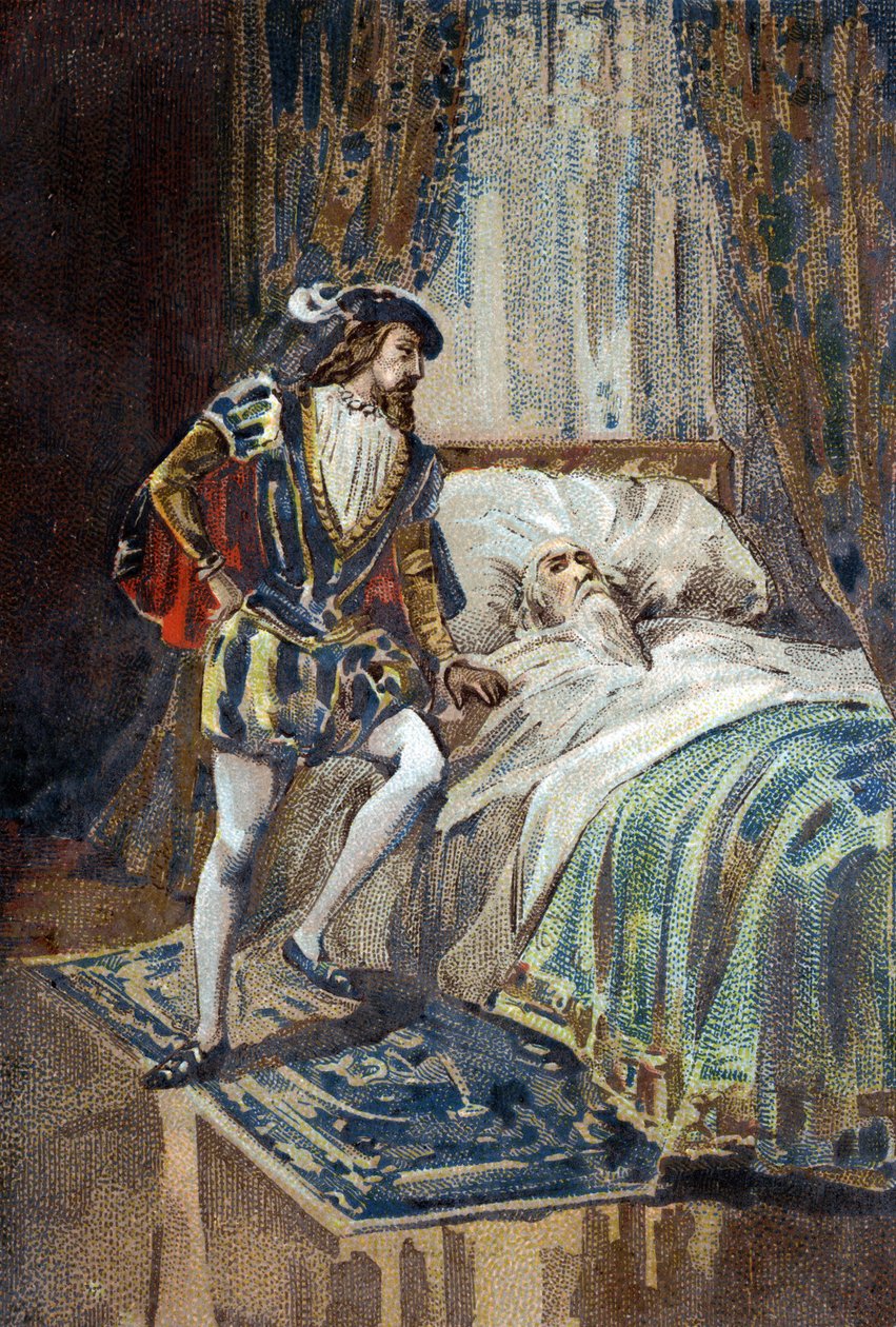 François I Rei de França recebe os últimos suspiros de Leonard de Vinci (Leonardo da Vinci) no Clos Luce. Cromolitografia por volta de 1890. de French School