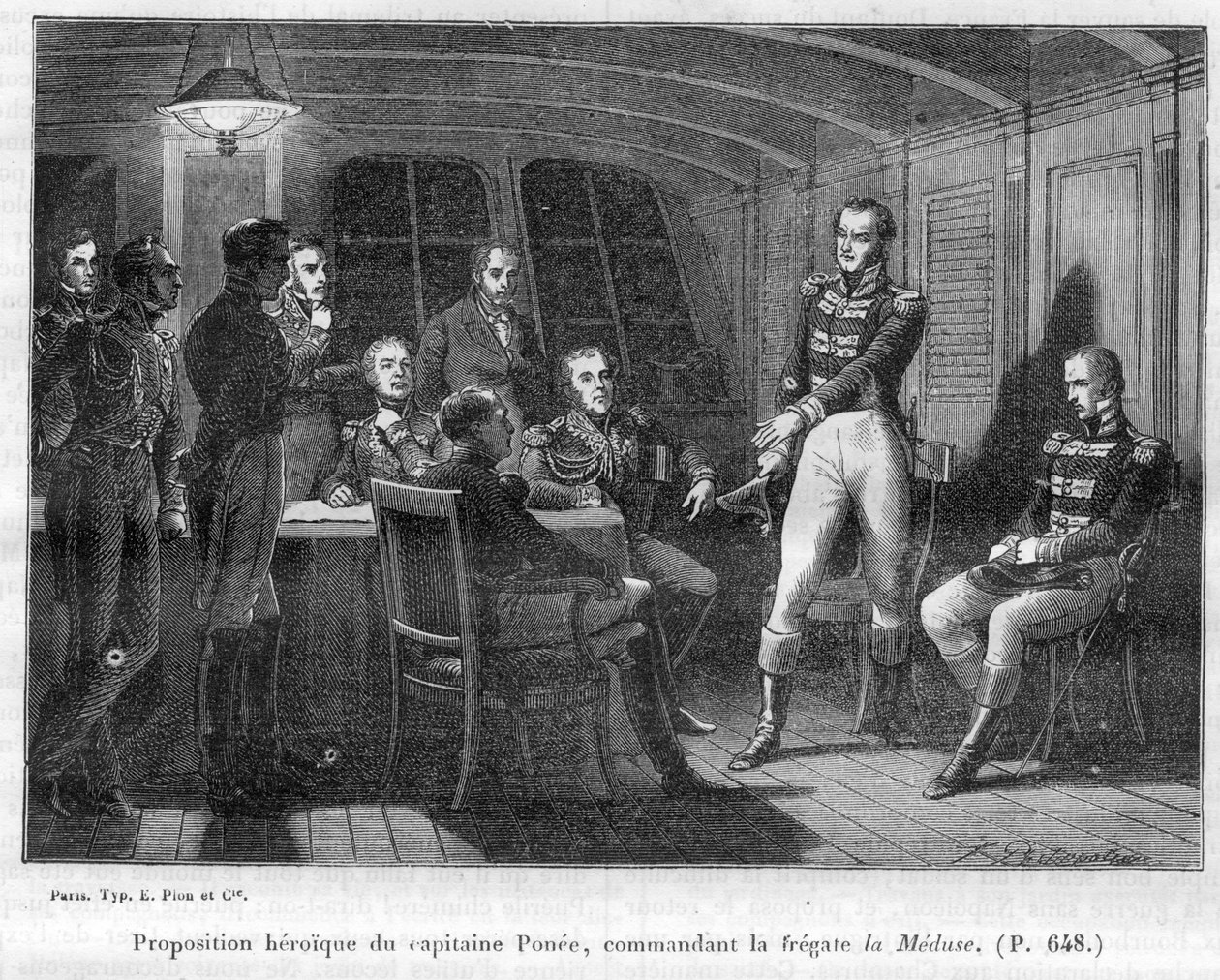 François Ponee II (1775-1863), o comandante de La Meduse, fidele napoleônico, oferece ao imperador para lutar sozinho Le Bellerophon - em "História do império seguindo a história do consulado" por Adolphe Thiers -1879 - coleção privada de French School