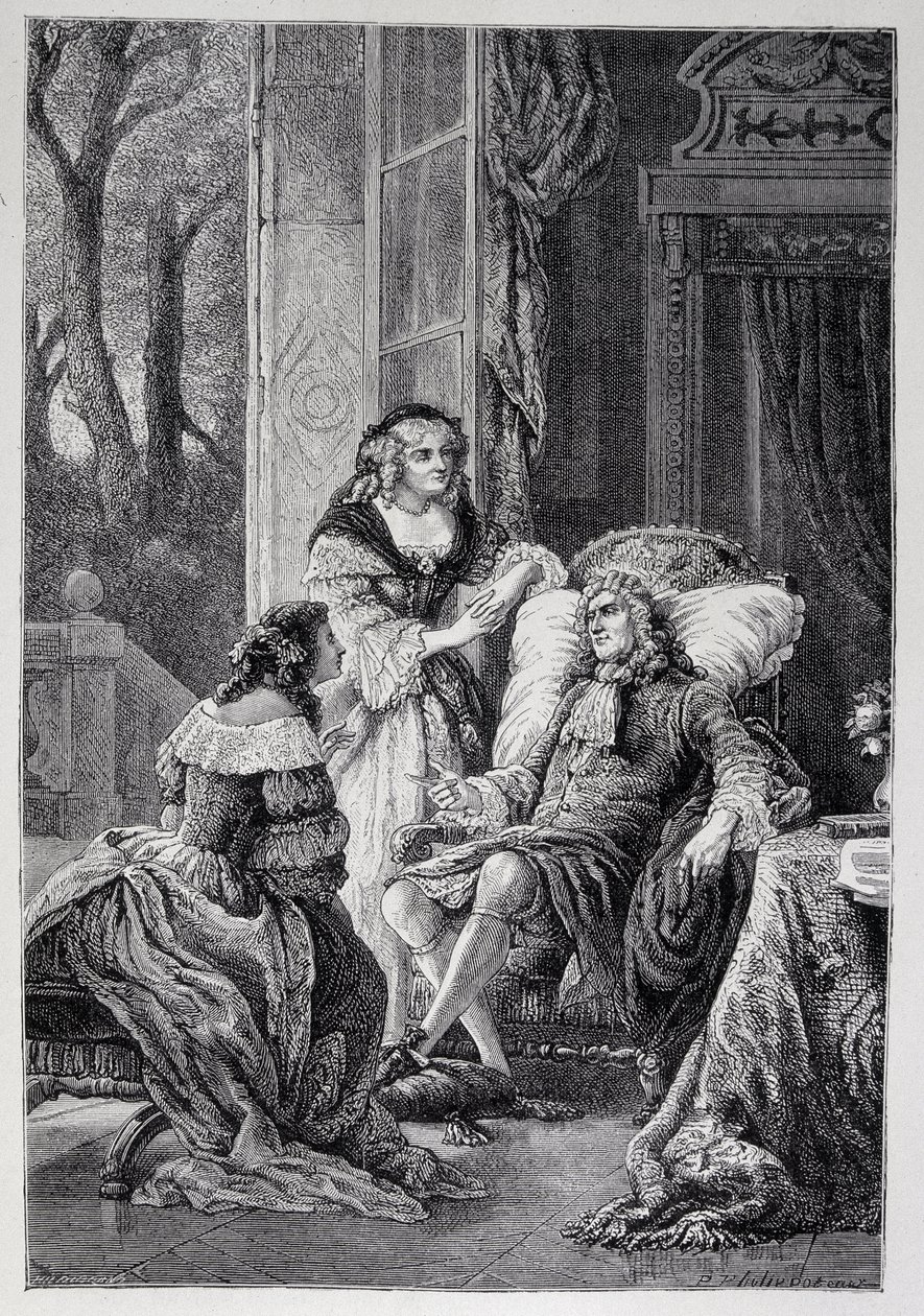 François de la Rochefoucauld (1613-1680) falando com Mademoiselle de Sevigne (Marie de Rabutin-Chantal), Marquise de Sevigne dit Madame de Sevigne (1626-1696) e Marie-Madeleine (Marie Madeleine) Pioche de La Vergne, condessa de Lafayette (Madame de la F de French School