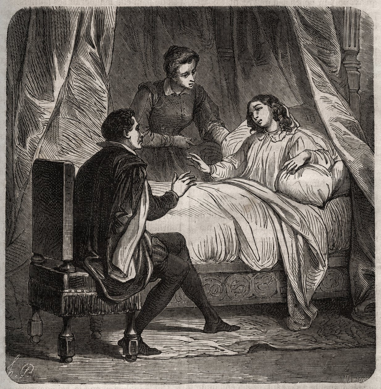 Françoise de Foix, Condessa de Chateaubriant (ca. 1495-1537), doente, recebe Clement des Marets dit Marot (1496-1544), o camareiro de François 1st, na cama. Gravura de 1871 em "Histoire Des Cocus Celebres" de Henry de Kock (1819-1892). de French School