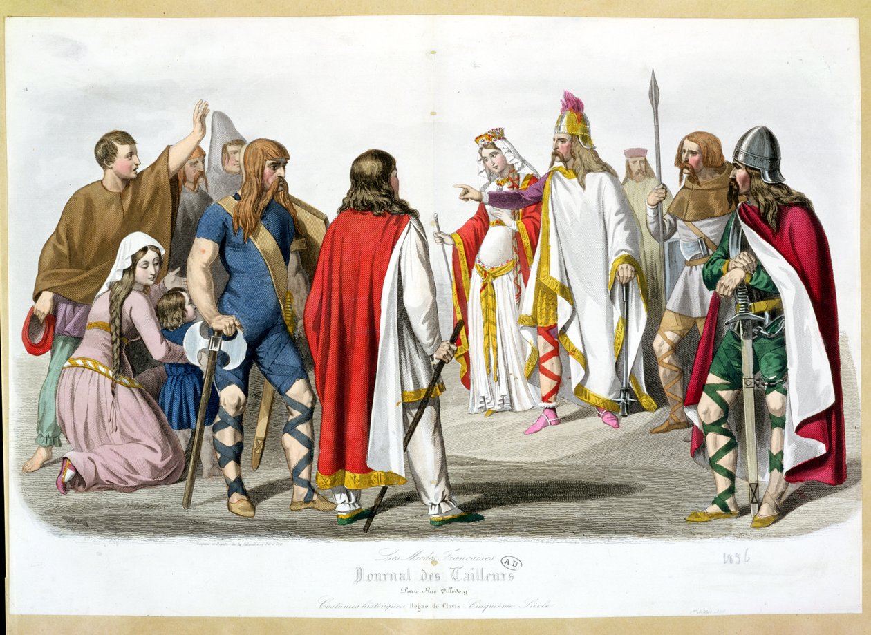 Trajes francos e merovíngios, placa de moda histórica de Les Modes Francaises - Journal of Tailors, 1836 de French School