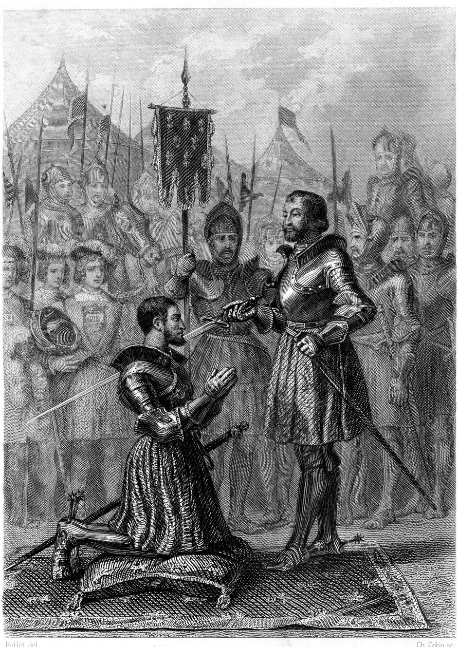 François I, cavaleiro armado após a batalha de Marignan (1515). Século XIX (gravura) de French School