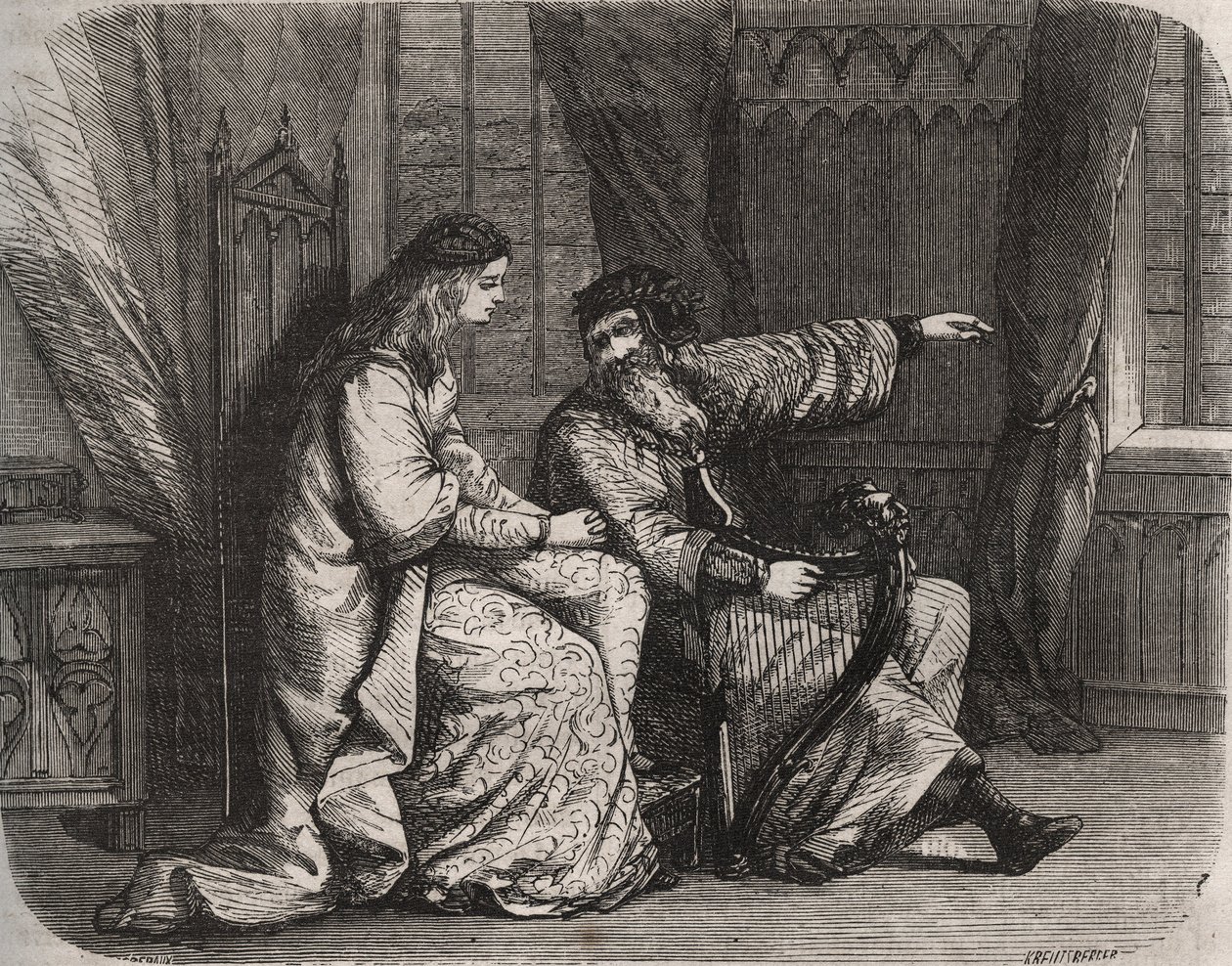 Fredegonde (545-597) confia suas preocupações ao harpista Barbantini porque seu amante Chilperic (então o Rei dos Francos Chilperic I (543-597), não se casou com ele. 565. Gravura de 1871 em "Histoire Des Cocuses Celebres" de Henry de Kock (1819-1892 de French School