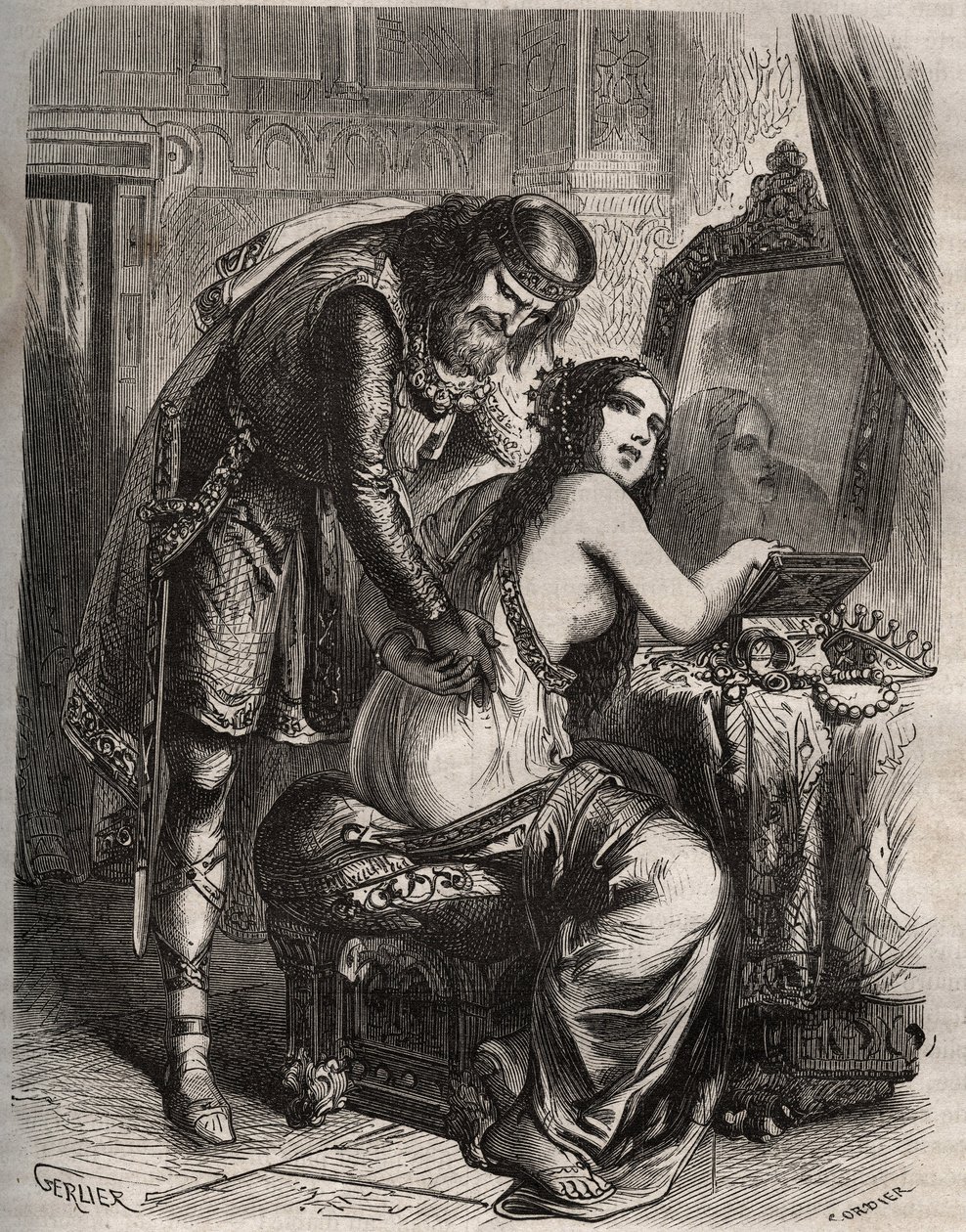 Fredegonde (545-597) leva seu marido, Rei dos Francos Chilperic I (543-597), para seu amante, Landeric. O rei descobre quando sua esposa o trai. Gravura de 1871 em "Histoire Des Cocuses Celebres" de Henry de Kock (1819-1892). de French School