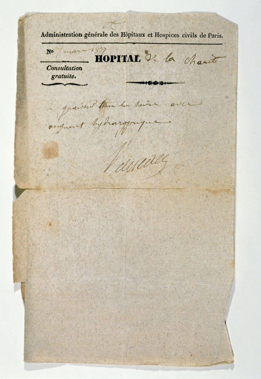 Receita livre do Hopital de la Charite, Paris, 7 de março de 1837 de French School