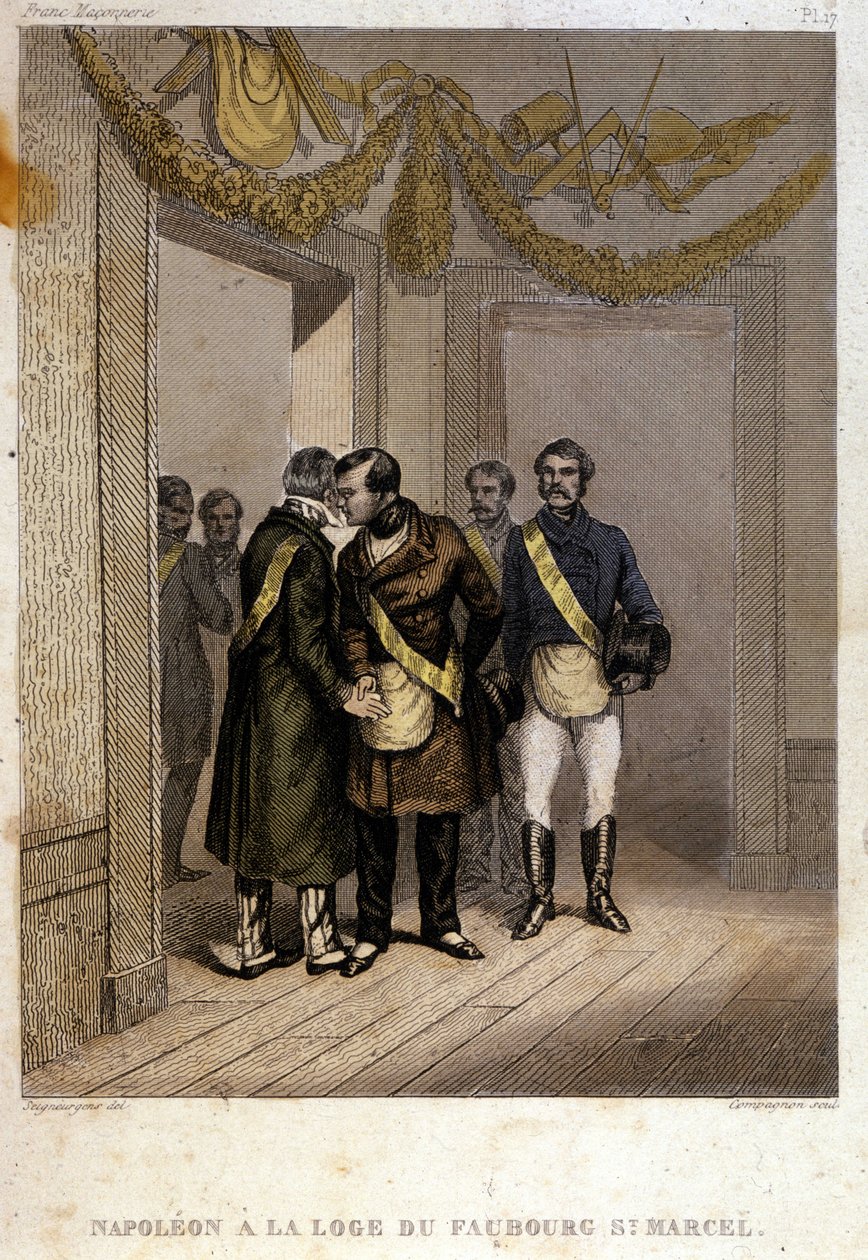 Que se lixe: Napoleão Joseph Charles Paul Bonaparte, apelidado de Príncipe Jerônimo ou Plonplon sendo identificado na entrada do Templo de Faubourg Saint Marcel. Gravura do "Pitoresco Histoire de la Franc Maconnerie et des Societes Secretes Antique". de French School