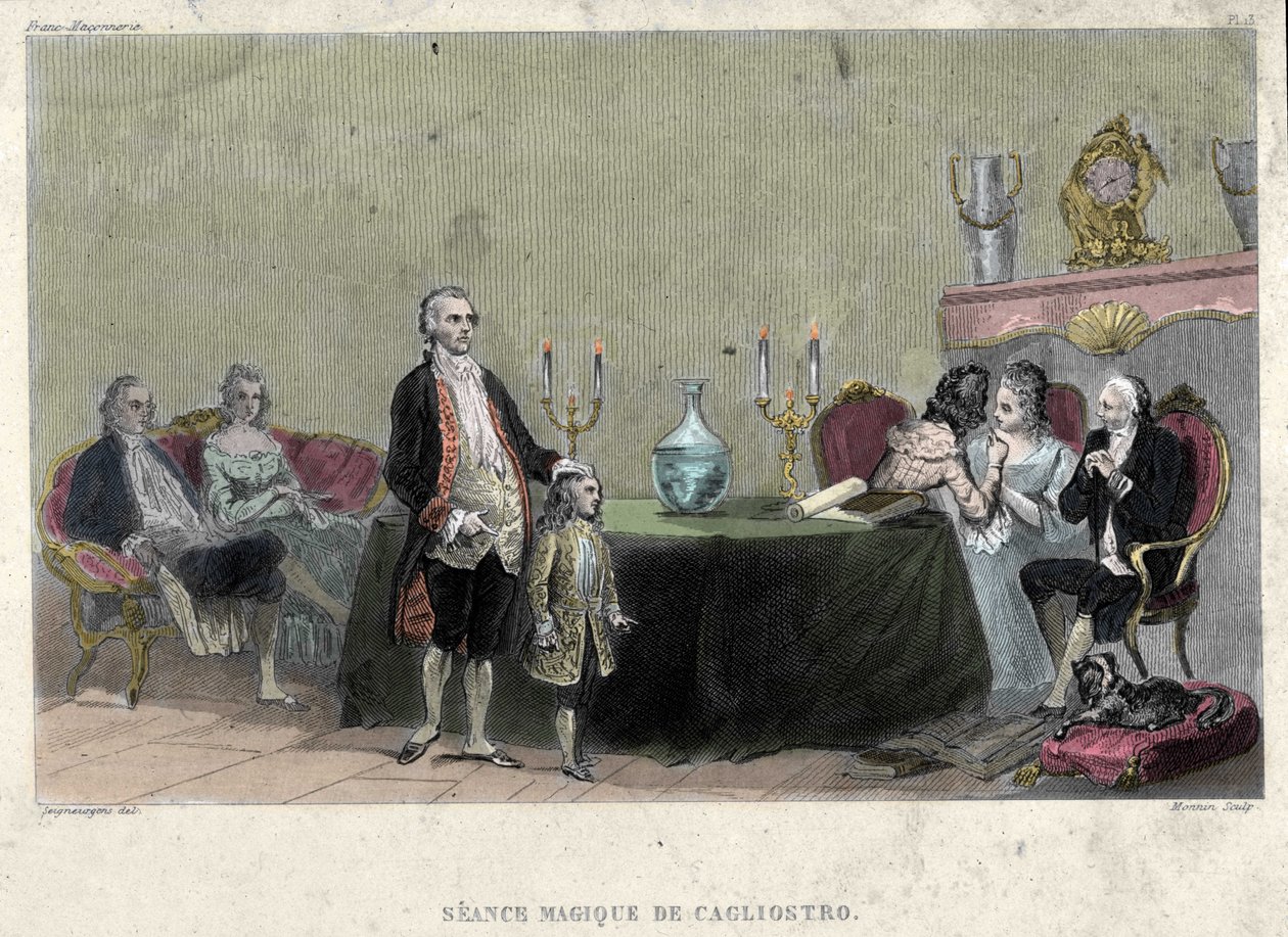 Que se lixe: Sessão de magia de Giuseppe Balsamo, conhecido como Alexandre, Conde de Cagliostro (1743 - 1795). Gravura de "Pitoresco Histoire de la Franc Maconnerie et des Societes Secretes antique et modernes" de F.-T. B. Clavel. Pagnerre, editor de French School