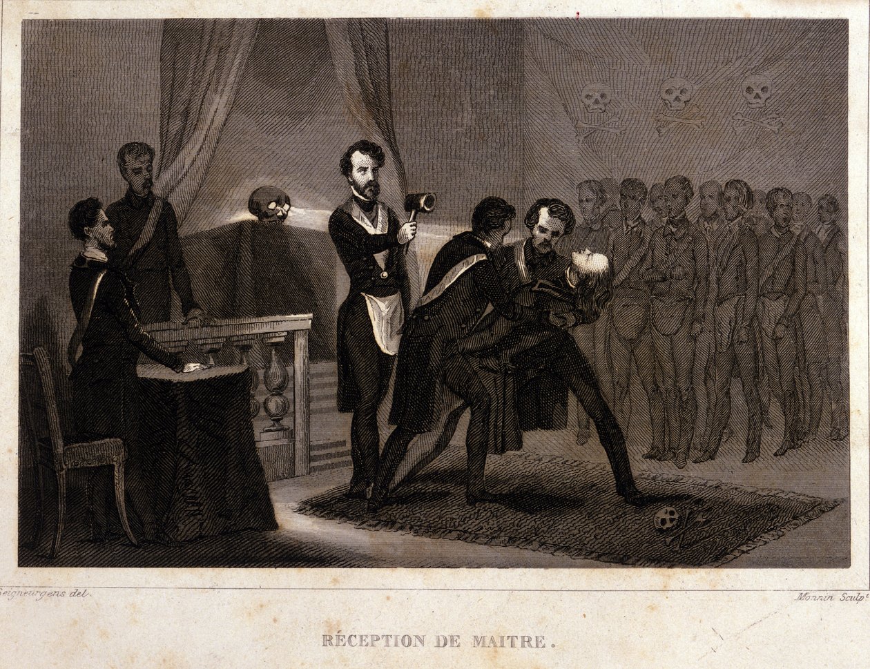 Freemaking: receção e rito de iniciação do Mestre. Gravura da "História Pitoresca da Maconaria Francesa e das Sociedades Secretas antigas e modernas" de F.-T. B. Clavel. Pagnerre, editor. 1843. de French School