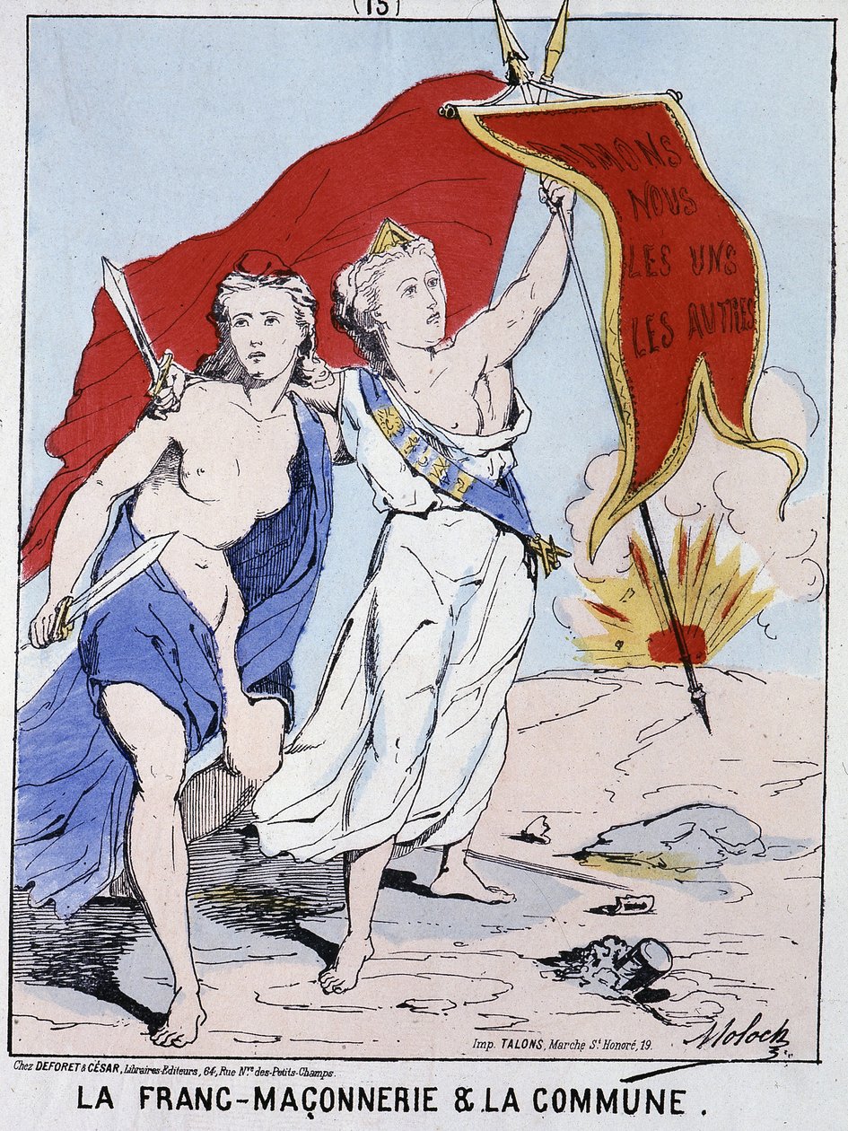 A Maçonaria e a Comuna: uma mulher simbolizando a Maçonaria acenou com uma bandeira com a inscrição "Vamos amar-nos uns aos outros". de French School