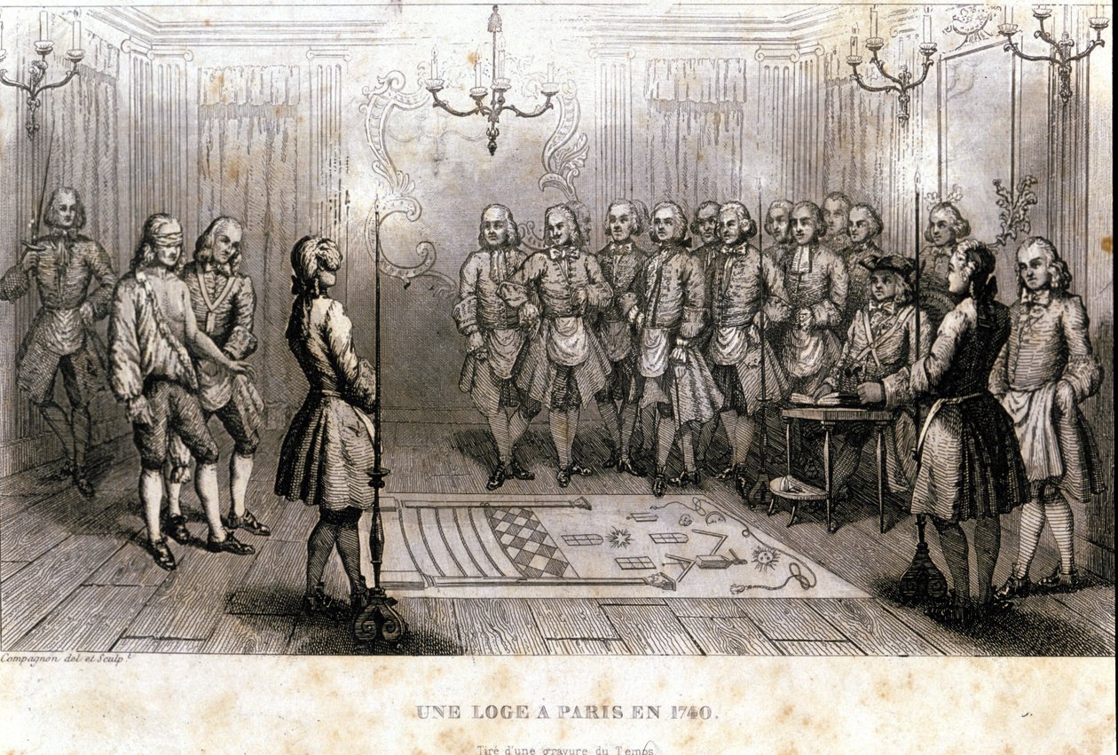 Maçonaria: encontro secreto em um alojamento em Paris em 1740. Gravura do "Pitoresco Histoire de la Franc Maconnerie et des Societes Secretes ancienne et modernes" de F.-T. B. Clavel. Pagnerre, editor. 1843. de French School