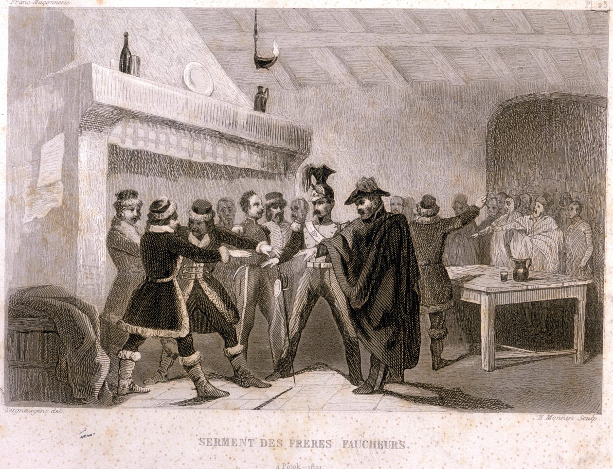 Maçonaria: o juramento dos irmãos colhedores em Potok em 1821. Gravura do "Pitoresco Histoire de la Franc Maconnerie et des Societes Secretes antique et modernes" de F.-T. B. Clavel. Pagnerre, editor. 1843. de French School