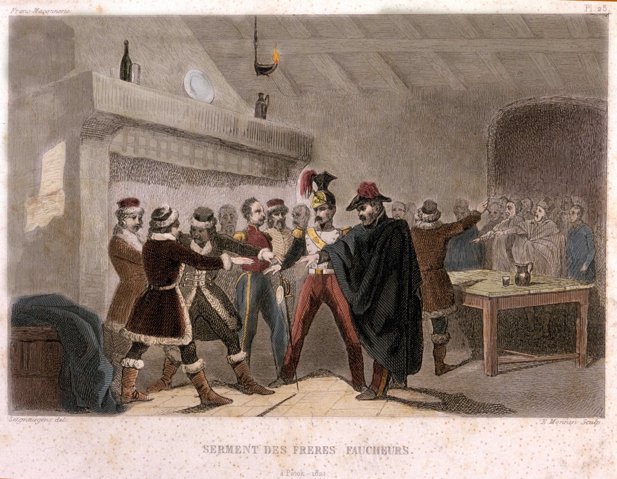 Maçonaria: o juramento dos irmãos colhedores em Potok em 1821. Gravura do "Pitoresco Histoire de la Franc Maconnerie et des Societes Secretes antique et modernes" de F.-T. B. Clavel. Pagnerre, editor. 1843. de French School
