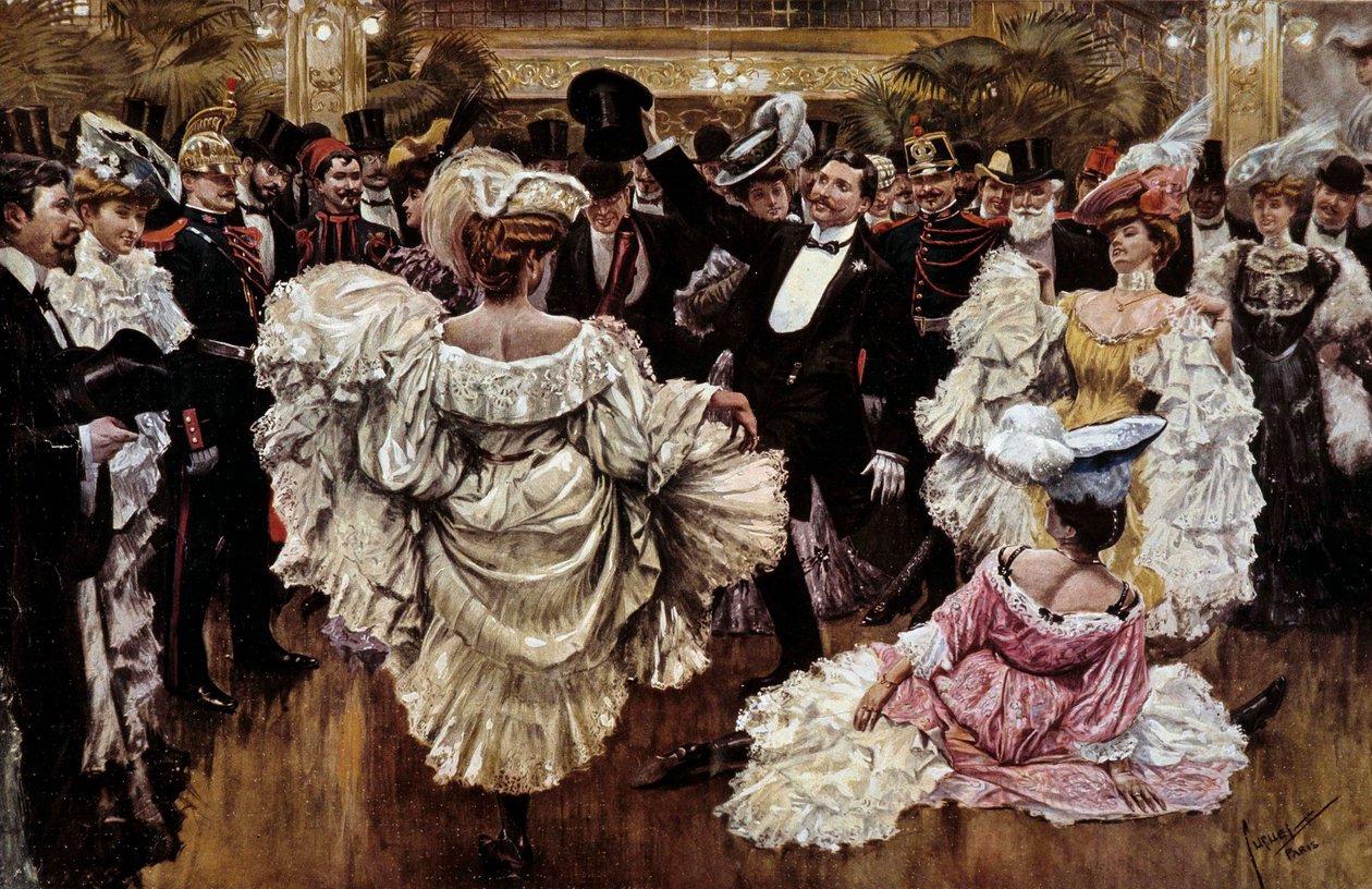 Bailarinas francesas de Cancan durante um espetáculo num cabaré, início do século XX (gravura) de French School