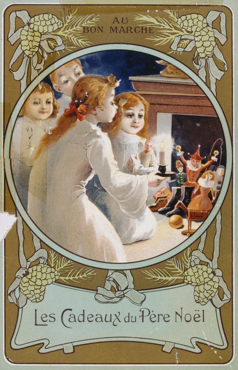 Postal de Natal francês que mostra raparigas com uma vela na véspera de Natal de French School