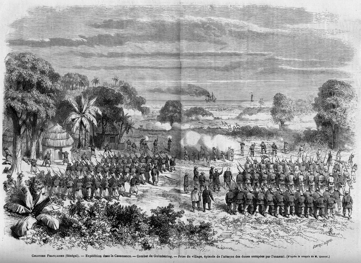 Colônias Francesas (Senegal) 1865: Expedição em Casamança. Batalha de Guimbering, Captura da aldeia, episódio do ataque às dunas ocupadas pelo inimigo. de French School