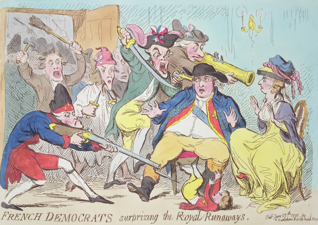 Democratas franceses que surpreendem os Runaways reais, 1794 (gravura da cor) de French School