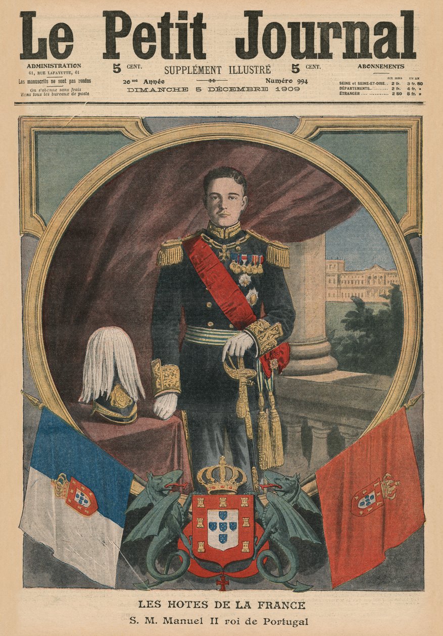 Apresentações francesas, Sua Majestade Manuel II, Rei de Portugal, ilustração da capa do &39;Le Petit Journal&39;, suplemento ilustrado, 5 de dezembro de 1909 de French School