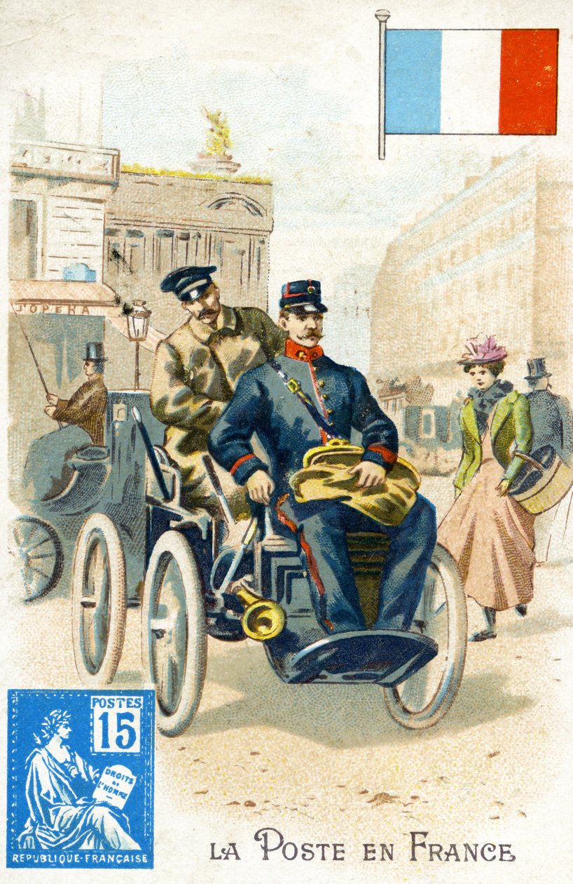 Carteiro francês em um veículo elétrico, final do século XIX de French School